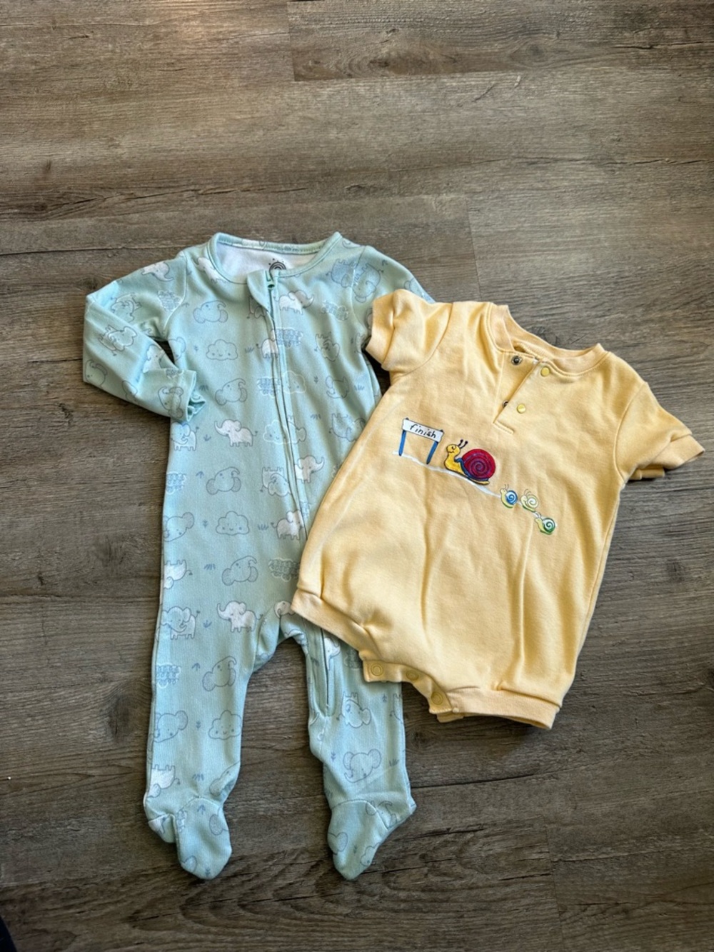 Bundle Carter's Yellow Snail Race One-Piece & Light Blue Footed Elephant onesie